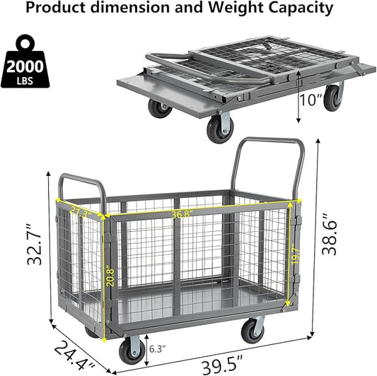 Platform Truck Cart with Cage, 5 in 1 Heavy Duty Platform Carts with Cage 2000 LBS Capacity Foldable Push Cart Dolly with 5" Casters for Groceries/Garage/Warehouse