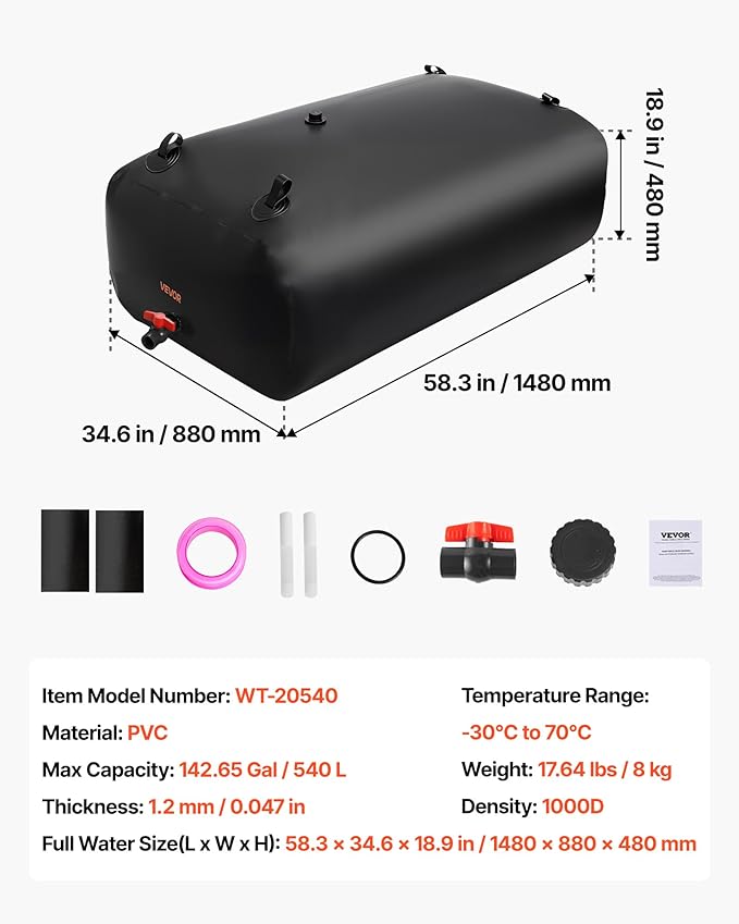 VEVOR Water Storage Bladder, 142.7 Gallon (540L) Water Storage Container Tank, 1000D PVC Large Capacity Soft Bag Bladder, Collapsible Portable for Garden Irrigation, Camping, RV, Emergency Use - Black