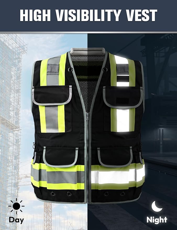 Safety Vest, Hi Vis Vests with Pockets, Class 2 High Visibility Vests,Construction Surveyor Work Vest for Men Women