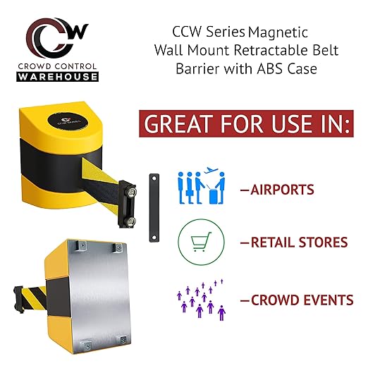 Crowd Control Warehouse - CCW Series WMB-230 Magnetic Wall Mount Retractable Belt Barrier - 30 Foot Belt, Yellow Belt with Yellow ABS Case