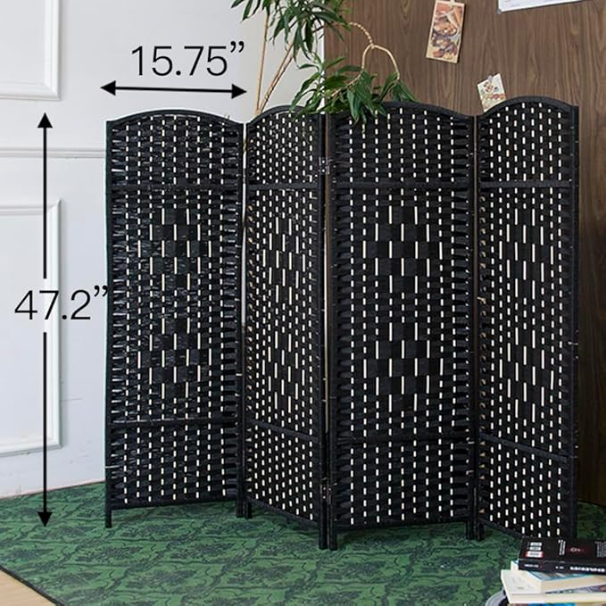 4 Panel Rattan Divider Short Room Partition Screen,Double Sided Folding Divider for Room Separation,Black,47.2" H x 63" W