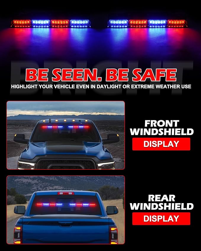 HLauto 604N Emergency Dash Strobe Lights: 2x16.8 inch Red Blue Security Light w/Take Down, 48 LED Safety Flashing Warning Hazard Interior Windshield Light Bar for Trucks Vehicles