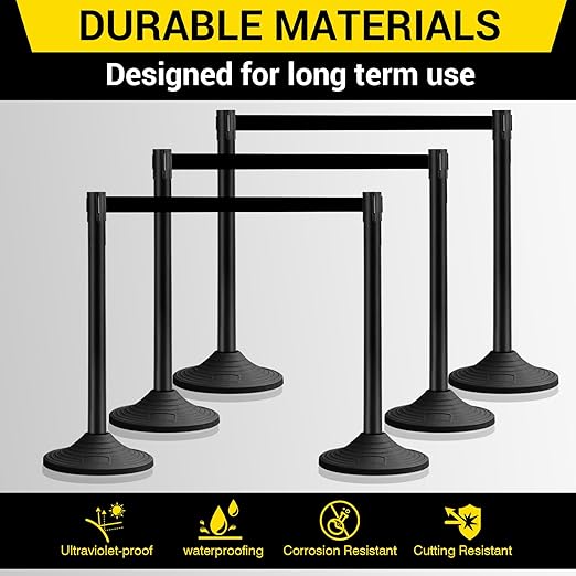 10 ft Crowd Control Stanchion Set, Crowd Control Barrier, Stanchions with Retractable Belts & Base, Retractable Stanchions, Queue Management Stanchion (6 Pack) (Black)