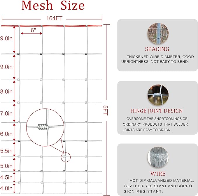 Thickened Heavy Duty 5x164ft Galvanized Farm Fence, Heavy Duty zinc Wire Fence with red Warning Lines