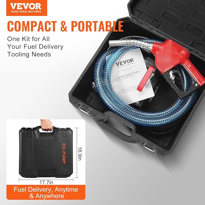 VEVOR Fuel Transfer Pump, 12V DC 10 GPM 1/4 HP, Portable Electric Diesel Transfer Pump with Automatic Shut-Off Fuel Nozzle, High Flow, Long Inlet & Outlet Hose for Diesel, Kerosene, Transformer Fuel