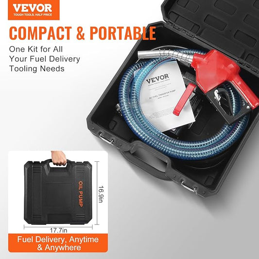 VEVOR Fuel Transfer Pump, 12V DC 10 GPM 1/4 HP, Portable Electric Diesel Transfer Pump with Automatic Shut-Off Fuel Nozzle, High Flow, Long Inlet & Outlet Hose for Diesel, Kerosene, Transformer Fuel