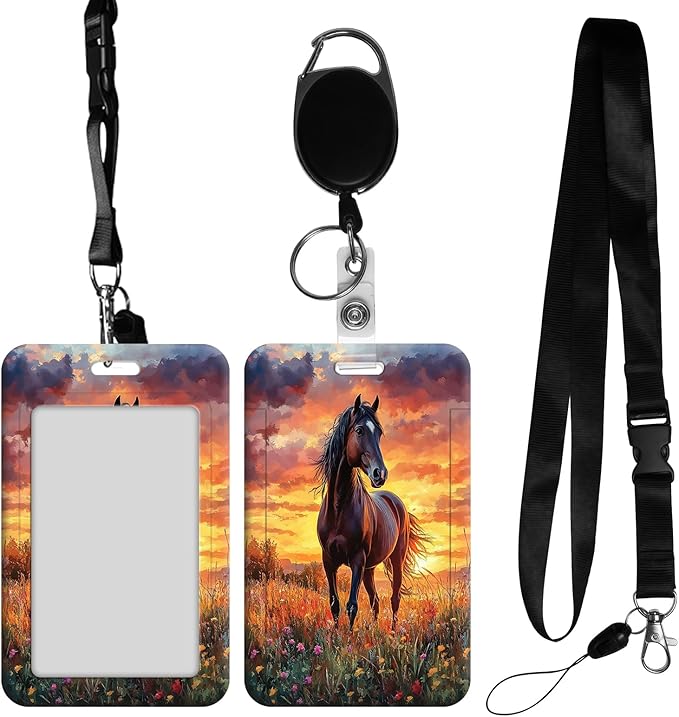 ID Badge Holder with Retractable Lanyard for Women & Men,Vertical ID Card Holder Wallet,Clear Window&Card Slot,Detachable Neck Strap for Nurse Teacher Office,Sunset Horse Grace