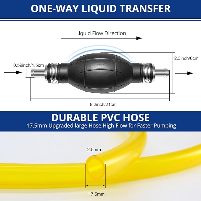 Fuel Transfer Pump - Siphon Pump for Gasoline, Hand Siphon Pump with 10 Ft PVC Hose, Gas Siphon Pump for Water, Diesel, Petrol, Liquid, for Car, Boat, Lawn Mower