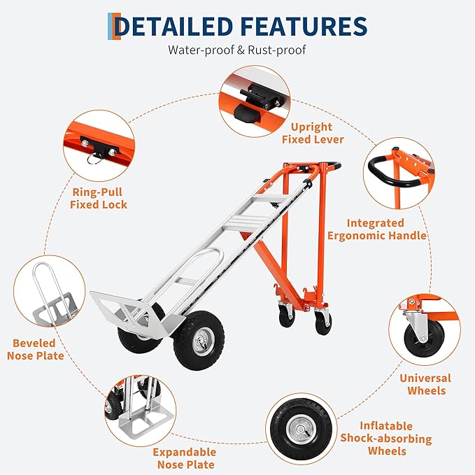 3 in 1 Convertible Hand Truck Dolly, 770 LBS Load Capacity Folding Cart with Wheels, Elastic Straps, Aluminum Collapsible Dolly Cart for Home, Warehouse, Supermarket, Office