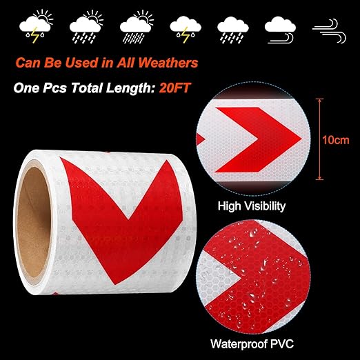 PATIKIL Reflective Tape, 4 Inch x 20 ft Waterproof Self Adhesive High Visibility Safety Warning Arrow Tape Outdoor Reflectors for Trucks Trailers Cars, White Red