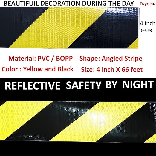Yellow Black Reflective Tape 4 inch Wide, Outdoor Waterproof Hazard Conspicuity Warning Industrial Marking Tape (66 feet)