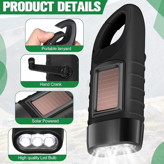 Leelosp 2 Pieces Hand Crank Flashlight Solar Powered Flashlight for Emergencies Dynamo Rechargeable LED Survival Light for Outdoor Sports Hiking Camping (Black)