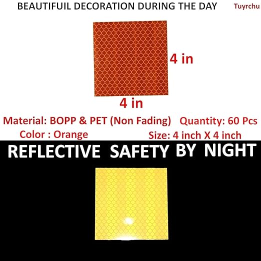 Orange Reflective Stickers 4 inch X 4 inch, Outdoor Waterproof High Visibility Warning Safety Adhesive Reflector Tape (60 Pcs)