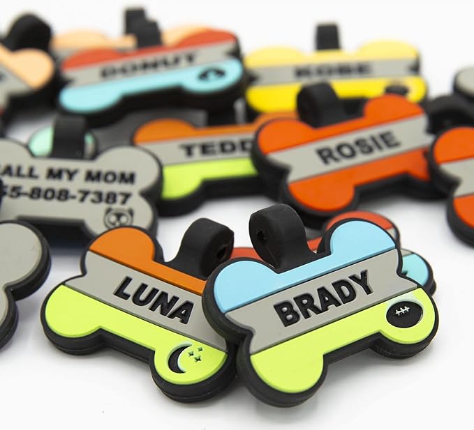Silent Dog Tag Personalized with 5 Lines of Custom Deep Engraved Durable Soundless Silicone Pet ID Name Tag Bone Design Blue