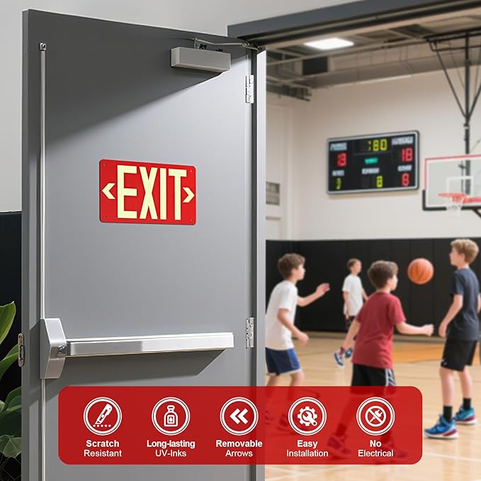 Photoluminescent Aluminum Exit Sign Red Glow in The Dark, 12x7 In Self-Adhesive Backing Emergency Exit Sign Sticker with Removable Arrows, Non-Electrical for 50 Feet Visibility (2 Pack)