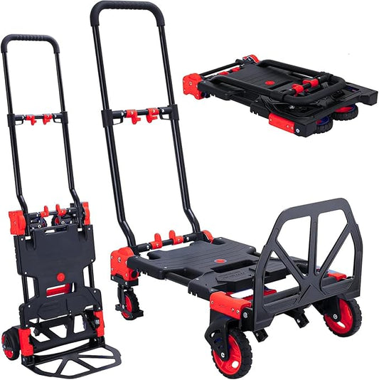 2-in-1 Folding Hand Truck Dolly 330LB Load Carrying, Hand Truck Foldable Dolly with Retractable Handle and 4 Rubber Wheels, Portable Folding Hand Cart for Moving/Travel/Office(Red)