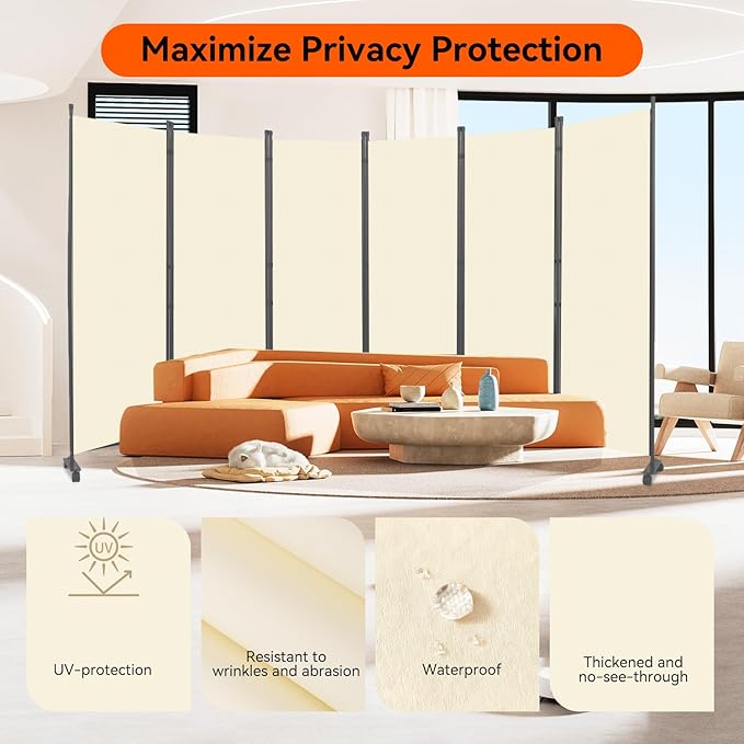 Room Divider 132''W Wall Divider for Room Partition (Heavy Duty Base) 6 Panel Partition Room Dividers, Freestanding Room Divider Screen Separation W/Wheel Folding Privacy Screen Panel Space Separator