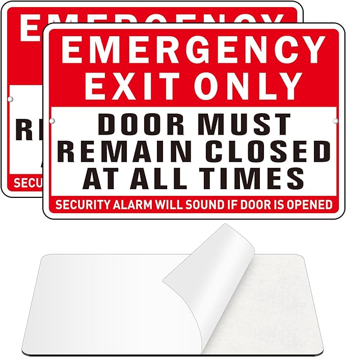 Emergency Exit Only Sign, (2 Pack) Self Adhesive Emergency Exit Sign Sticker for Door, Rust Free and Reflective Aluminum Metal Signs for Wall (9 x 6 inches, Red/White)