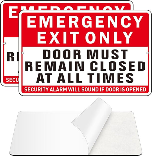 Emergency Exit Only Sign, (2 Pack) Self Adhesive Emergency Exit Sign Sticker for Door, Rust Free and Reflective Aluminum Metal Signs for Wall (9 x 6 inches, Red/White)