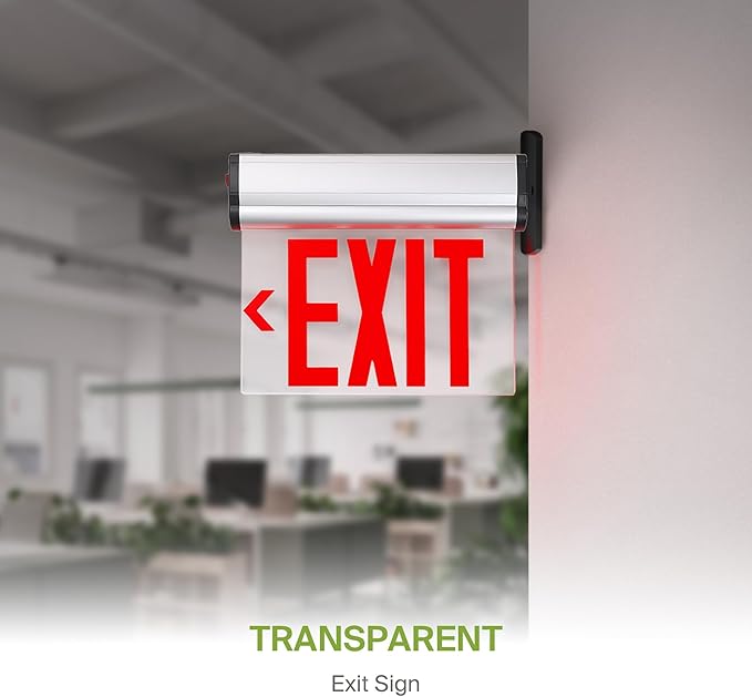 ASD LED Exit Sign with Battery Backup - 120/277V UL 3W Transparent Rotatable Emergency Exit Light for Business, Commercial Hardwired Damp Location Power Outage Lights, Red