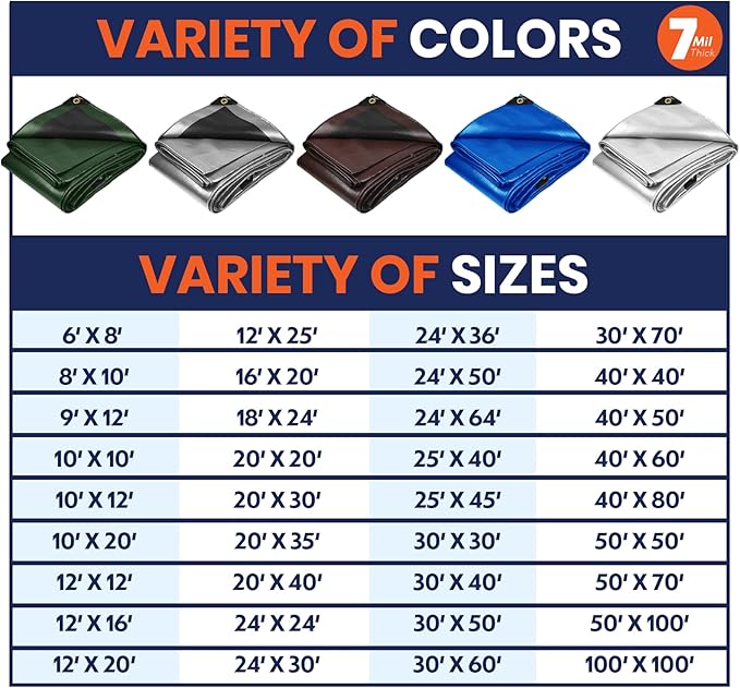 Tarpco Safety Heavy Duty 7 Mil Tarp Cover, Waterproof, UV Resistant, Rip and Tear Proof, Poly Tarpaulin with Reinforced Edges for Roof, Camping, Patio, Pool Cover, Boat (Blue 40′ X 60′)
