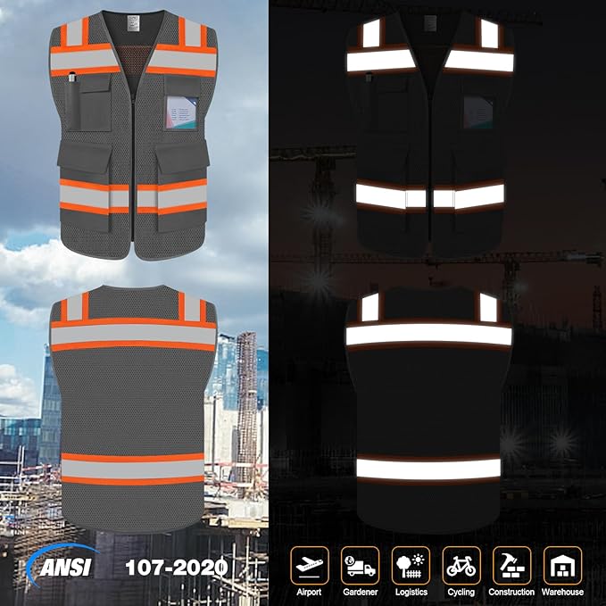 TCCFCCT High Visibility Vest 5 Pockets Mesh Reflective Safety Vest with Zipper, Hi Vis Construction Work Vest for Men Women, with Fluorescent Orange Edge, Durable to Use, Meets ANSI/ISEA, DW-Grey, M
