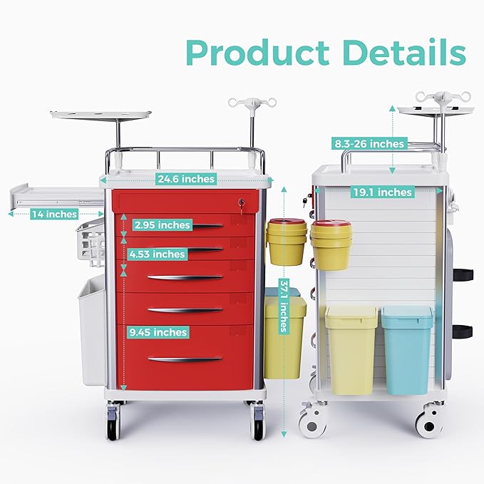 Medical Emergency Rolling Crash Cart with Drawers - Adjustable IV Pole, Silent Casters, Needle Disposal Holder, Trash Bin, O2 Holder, Nursing Trolley Cart for Clinic, Hospital, Salon