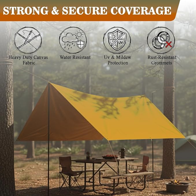 Heavy Duty Waterproof Canvas Tarp – 8 x 10', Tan with Grommets | Durable Multipurpose Cover for Camping, Canopies, Tents, Trailers, Machinery & Equipment