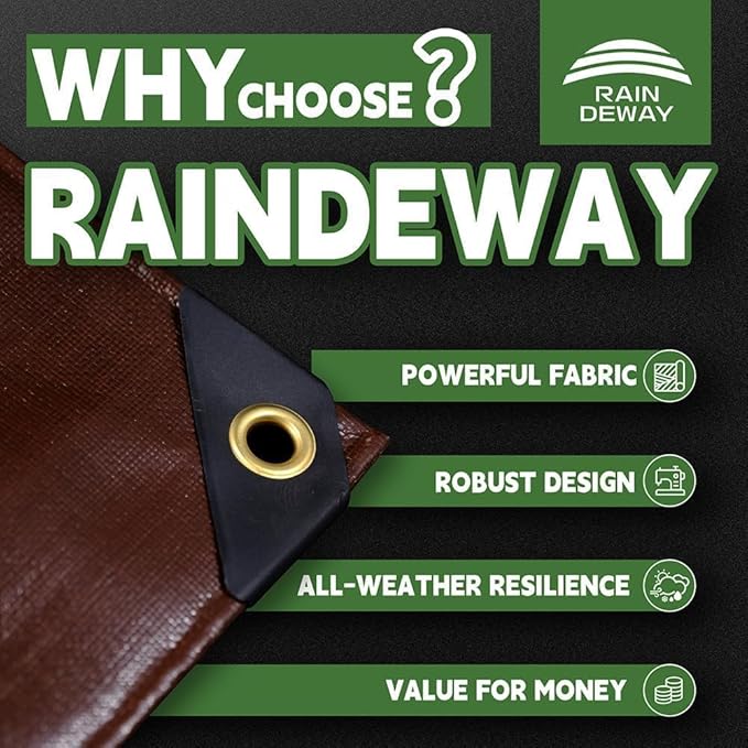 RAINDEWAY 10x12 Feet Super Heavy Duty Tarp 18 Mil,UV Resistant, Weatherproof, Multipurpose Waterproof Poly Tarp Cover with Grommets and Reinforced Edges,Brown Tarps