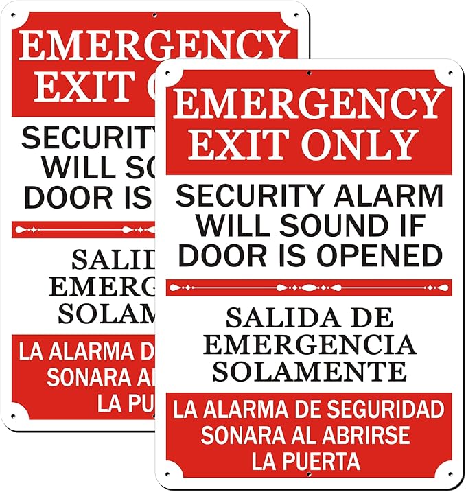 2 Pack Emergency Exit Only Bilingual Sign, 10 x 7 Inches Rust Free Aluminum Sign, UV Resistant, Scratch, Waterproof and Weatherproof, Indoor/Outdoor Use. Easy to Mount