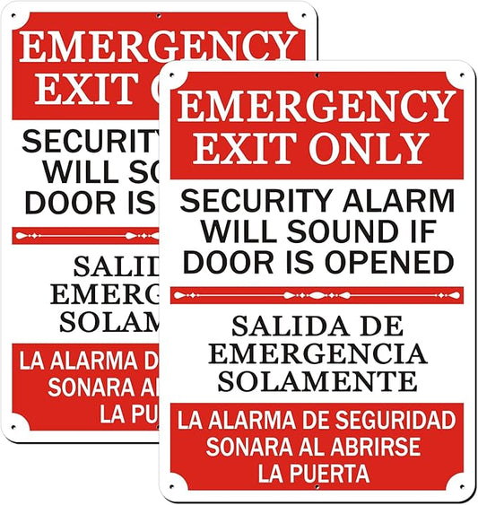 2 Pack Emergency Exit Only Bilingual Sign, 10 x 7 Inches Rust Free Aluminum Sign, UV Resistant, Scratch, Waterproof and Weatherproof, Indoor/Outdoor Use. Easy to Mount