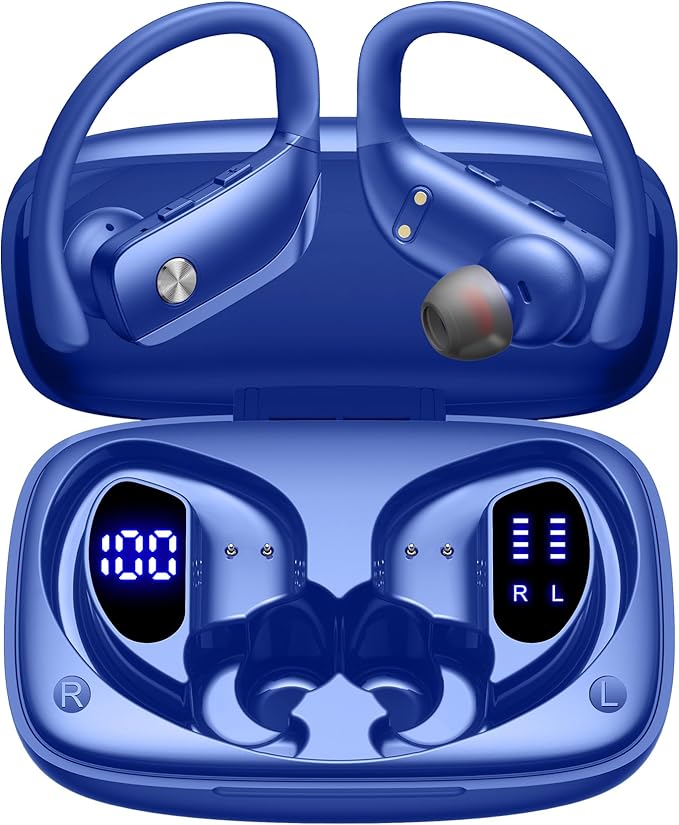 bmani Ear Buds Wireless Earbuds Bluetooth Headphones with 80H Playtime LED Display Case, Over-Ear Hook with Mic, Stereo Sound, Easy Button Controls, Sports Earphones for Running Workout Gym Blue