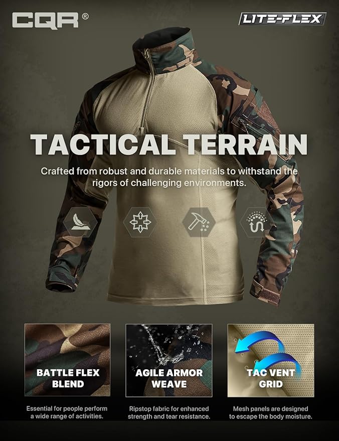 CQR Men's Combat Shirt Tactical 1/4 Zip Long Sleeve Military BDU Shirts Camo EDC Top with Pockets