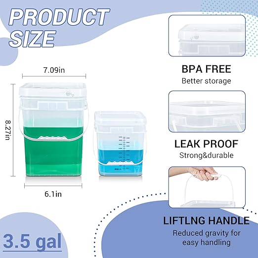 ASEVAT Square 3.5 Gallon Bucket with Lid, Clear Food Grade Storage Containers with Lids, Pail Container with Handle, Bucket for Cleaning Heavy-Duty Extra Durable BPA Free