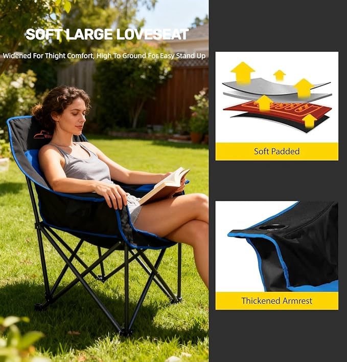 FAIR WIND 2 Pack Oversized Padded Camping Chair Heavy Duty Quad Fold Arm Chair Portable for Outdoor - Support 450LBS, Blue