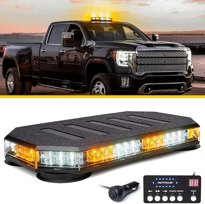 LUMENIX 42 LED Roof Top Strobe Beacon Light Bar Hazard Warning Emergency Flashing Plow Lights with Controller for Construction Vehicles Tow Trucks Postal Cars Snowplow Amber White (Patent Design)