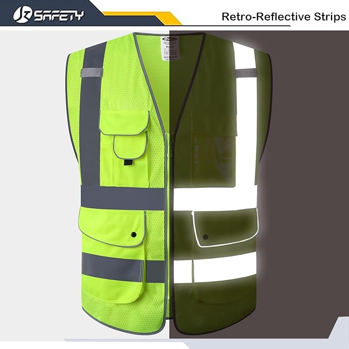 JKSafety 9 Pockets High Visibility Safety Vest for Men and Women, Hi-Vis Reflective Yellow Safety Vests with Zipper Front, Meet ANSI/ISEA Class 2 Type R(159-Yellow XXL)