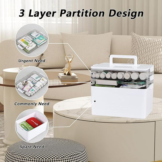 3-Tier Plastic First Aid Box, Large Medicine Storage Box, Emergency Medicine Box, White