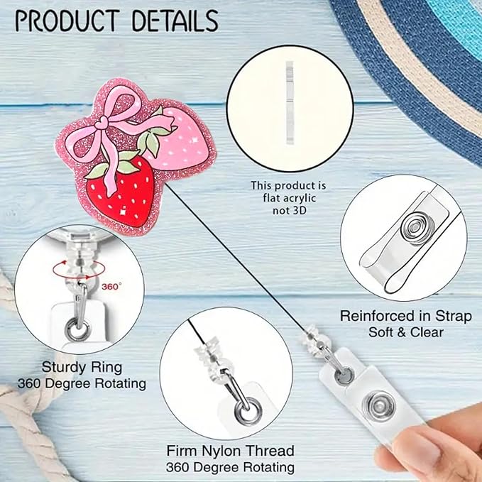 Cute Strawberry Bow Badge Reel Pink Glitter Acrylic Badge Clip for Nurse Nursing Name Tag Accessories Strawberry Badge Holder with Alligator Clip & 24” Durable Nylon Retractable