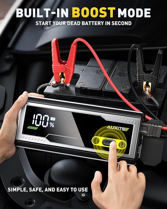 AUXITO 9500A Jump Starter, 12V Car Battery Jump Starter, Up to All Gas/All Diesel Engine with LED Display, 30W Type-C Fast Charging and 168W DC Output, 3-Mode Flashlight, Storage Case
