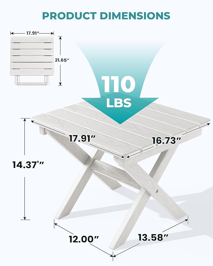 SERWALL Folding Outdoor Side Table Set of 2, Portable Adirondack Side Table, White