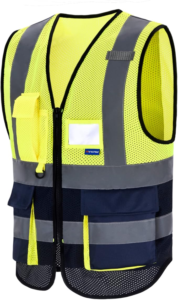 A-SAFETY High Visibility Mesh Safety Reflective Vest with Pockets and Zipper,Hi Vis Viz Reflective Safety Vest(Yellow&Navy Mesh S)
