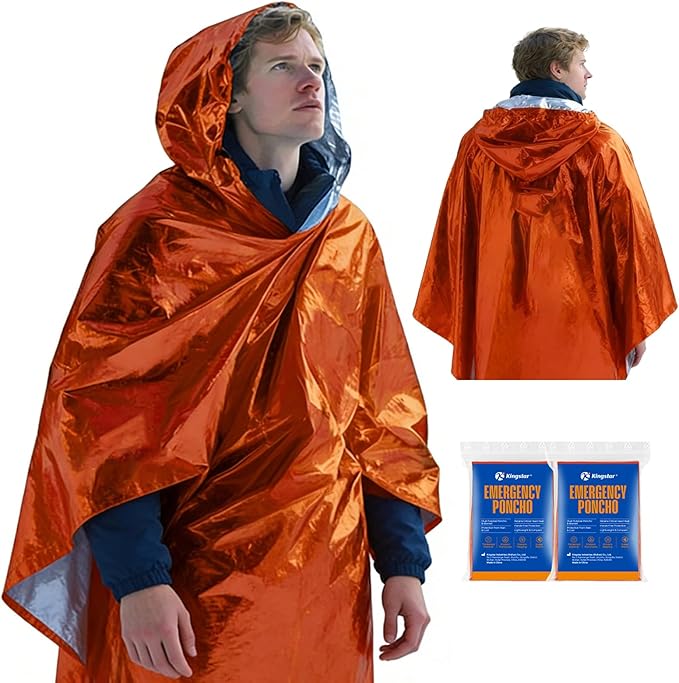 2 Pack Emergency Mylar Poncho, Waterproof Rain Ponchos, Reusable Packable Ponchos, Survival Blanket Poncho for Outdoor Camping & Hiking, Rescue, Car Emergency Kit, Shelter/Tent Cover