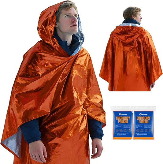 2 Pack Emergency Mylar Poncho, Waterproof Rain Ponchos, Reusable Packable Ponchos, Survival Blanket Poncho for Outdoor Camping & Hiking, Rescue, Car Emergency Kit, Shelter/Tent Cover
