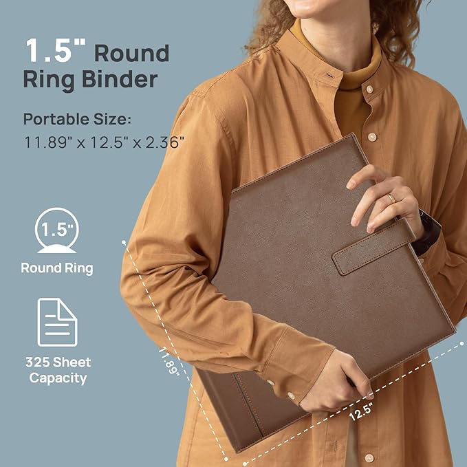 POPRUN PU Leather 1.5 Inch 3 Ring Binder, Professional Business Organizer- Includes PP Dividers, 100GSM / Grade AA Filler Papers, Card &Sticker for Tab- Ideal for Office Presentation Meetings, Brown