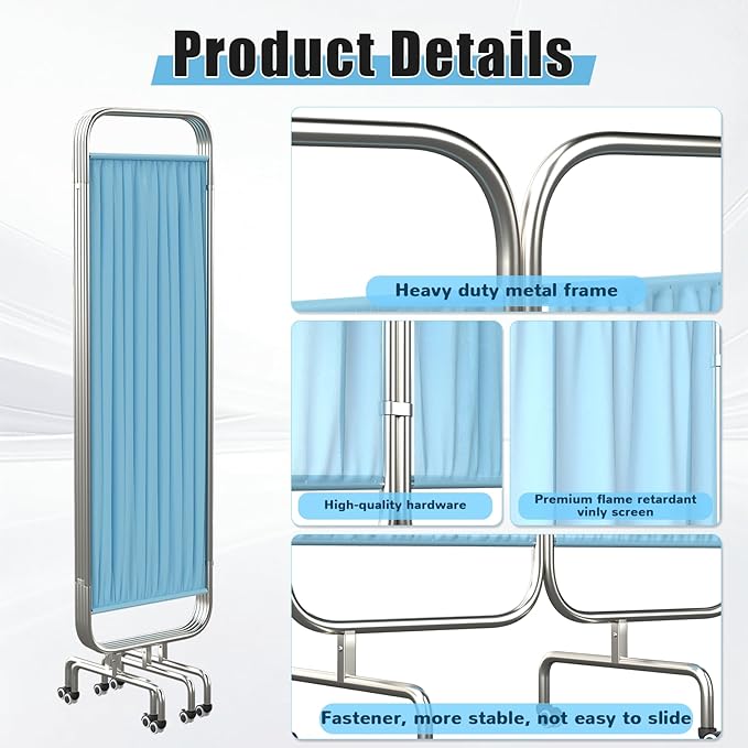 tonchean 4-Panel Medical Privacy Screens with Wheels Foldable Mobile Hospital Screen Silent Lockable Room Divider for Clinics, Nursing Homes and Salons, Blue