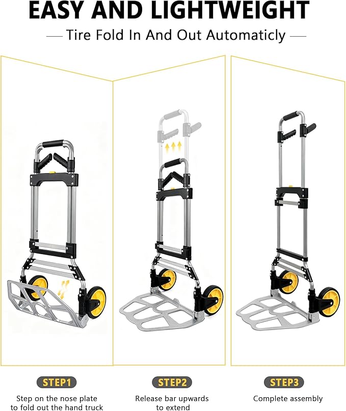 Folding Hand Truck Dolly Cart with Wheels 330 LBS Capacity Lightweight Aluminum Luggage Cart Trolly Collapsible Hand Trucks for Moving Travel Shopping Office and Home Use