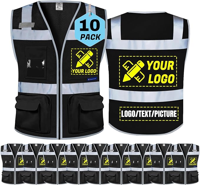 BeautyWill 10 Pack Custom Logo Safety Vest ANSI Class 2 High Visibility Reflective Vest Personalized Construction Vest Bulk