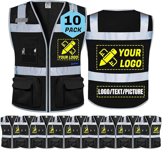 BeautyWill 10 Pack Custom Logo Safety Vest ANSI Class 2 High Visibility Reflective Vest Personalized Construction Vest Bulk
