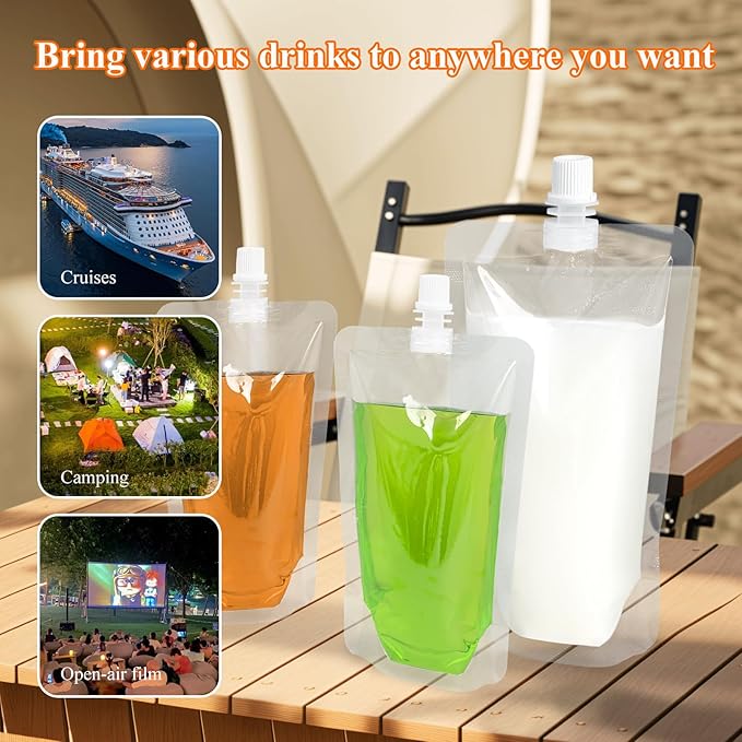 16OZ 100PCS Drink Pouches,Reusable Plastic Flask with Funnel for Drinking Liquid Beverage Juice,Stand Up Drink Bags for Travel Camping Outdoor Sport Concert Events,Leak-Proof Food Grade